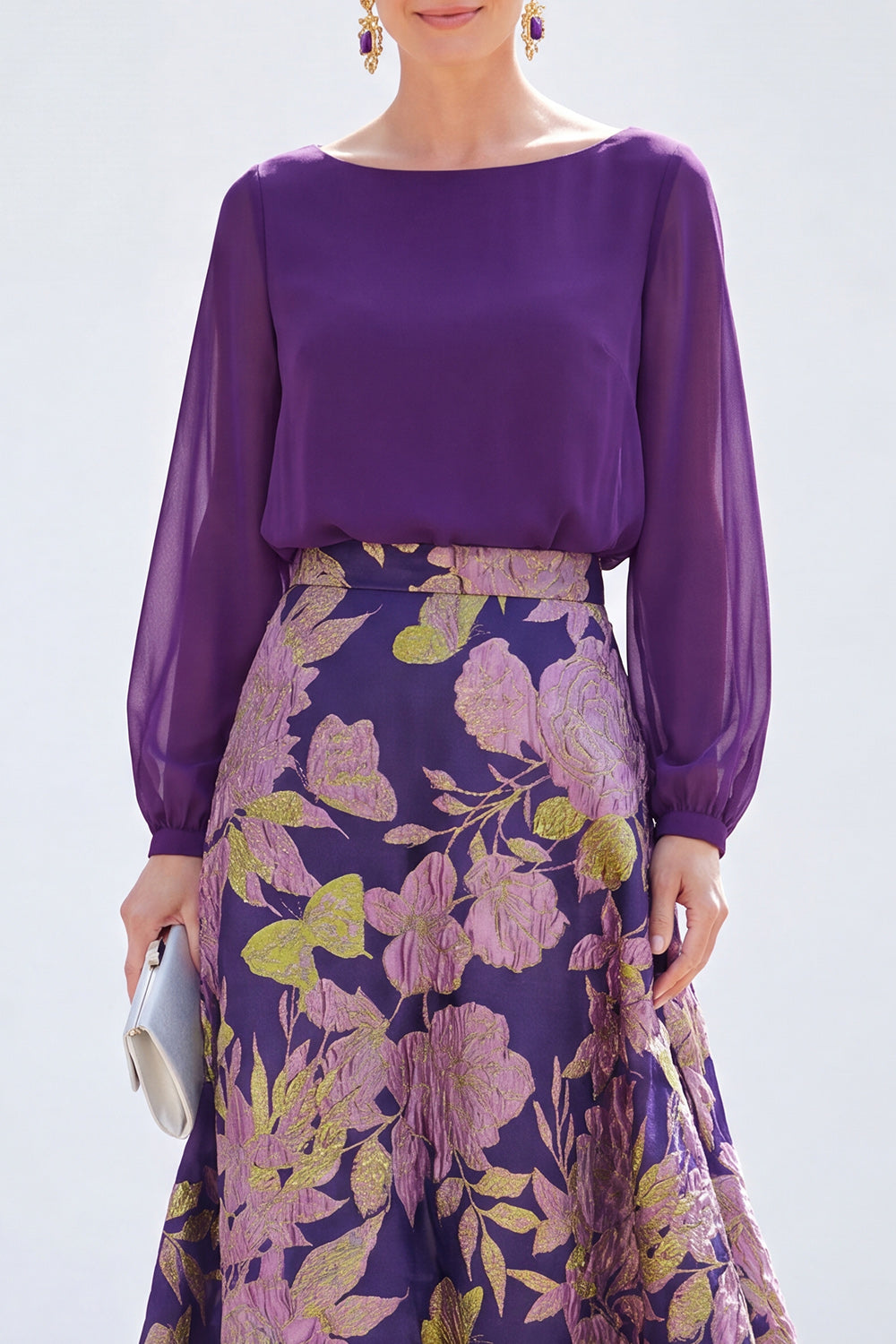 Dark Purple Boat Neck A Line Floral Long Mother of the Bride Dress with Sleeves