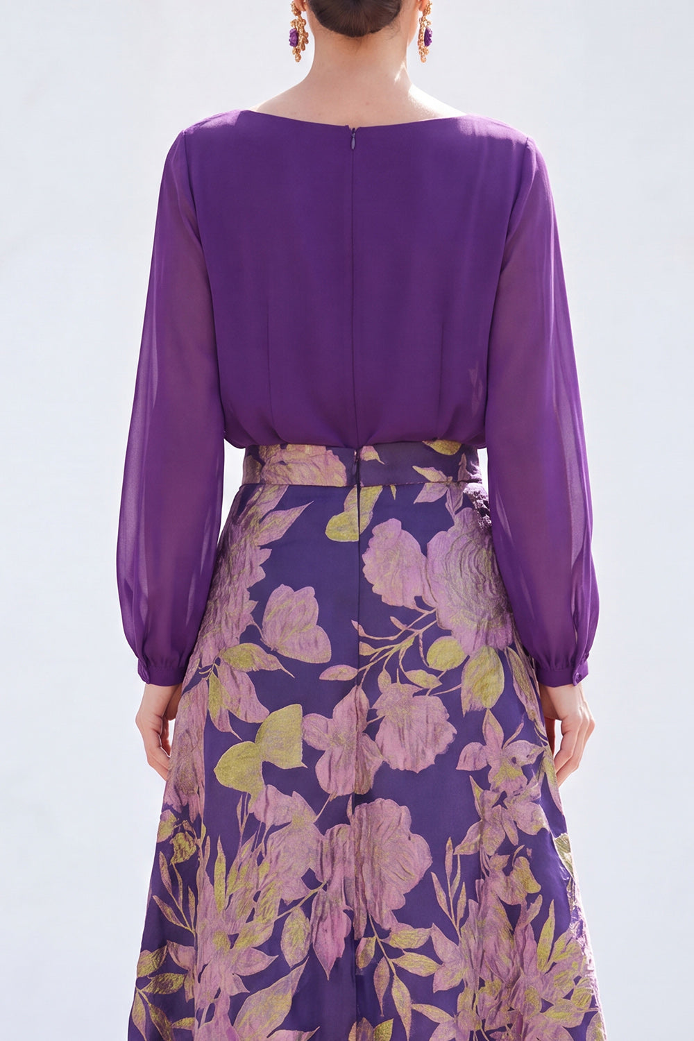 Dark Purple Boat Neck A Line Floral Long Mother of the Bride Dress with Sleeves