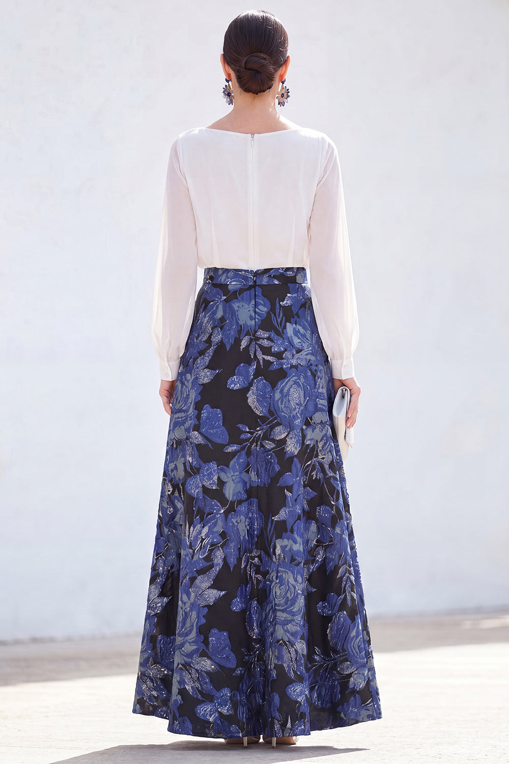 Dark Purple Boat Neck A Line Floral Long Mother of the Bride Dress with Sleeves