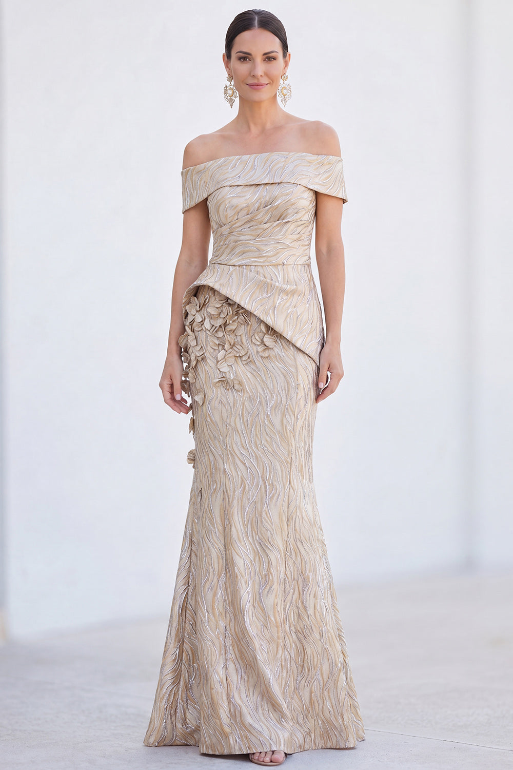 Golden Silver Off The Shoulder Long Mermaid Mother of the Bride Dress with 3D Flowers