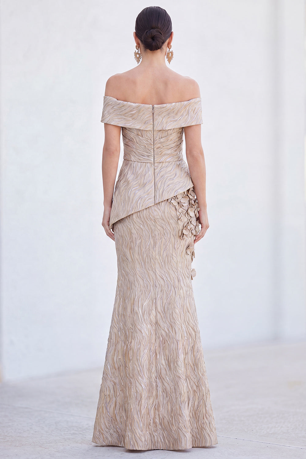 Golden Silver Off The Shoulder Long Mermaid Mother of the Bride Dress with 3D Flowers
