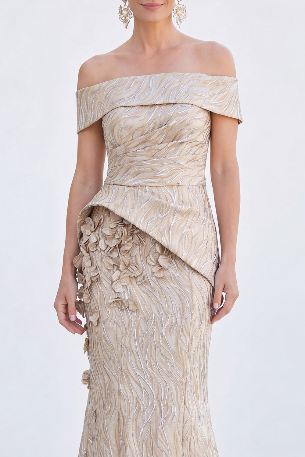 Golden Silver Off The Shoulder Long Mermaid Mother of the Bride Dress with 3D Flowers