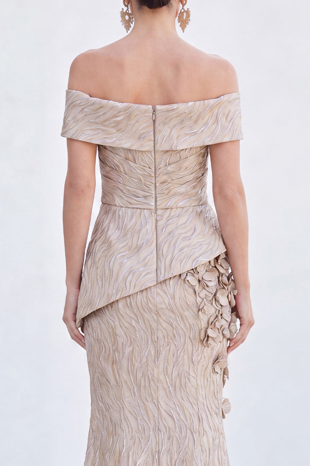 Golden Silver Off The Shoulder Long Mermaid Mother of the Bride Dress with 3D Flowers