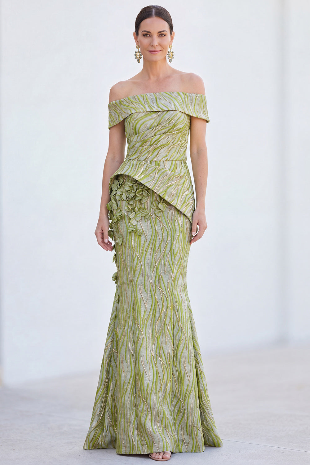 Golden Silver Off The Shoulder Long Mermaid Mother of the Bride Dress with 3D Flowers