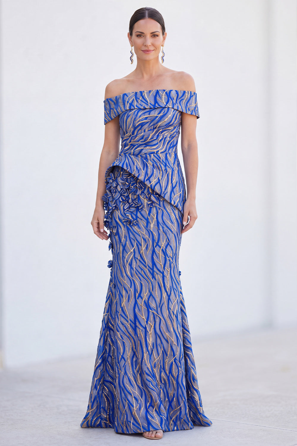 Golden Silver Off The Shoulder Long Mermaid Mother of the Bride Dress with 3D Flowers