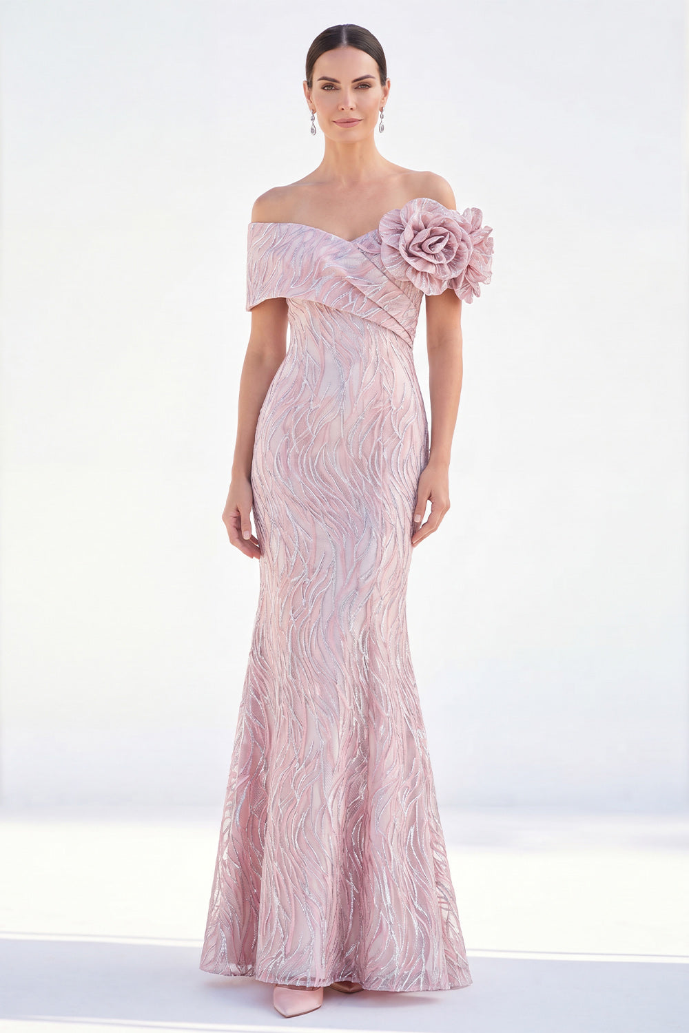Off The Shoulder Pink Mermaid Long Mother of the Bride Dress with 3D Flowers
