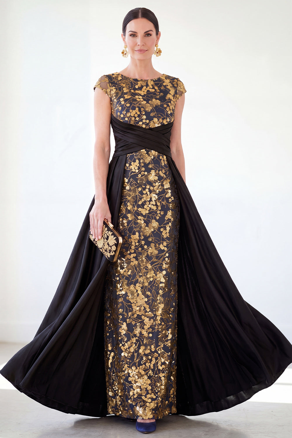 Sparkly Floral Golden Beaded Ruched Sheath Long Mother of the Bride Dress