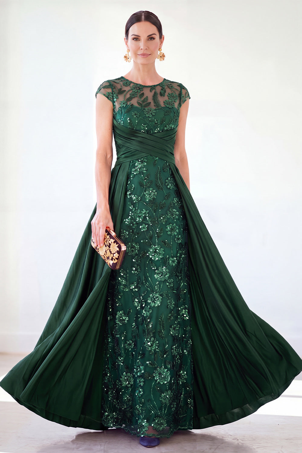 Sparkly Floral Golden Beaded Ruched Sheath Long Mother of the Bride Dress