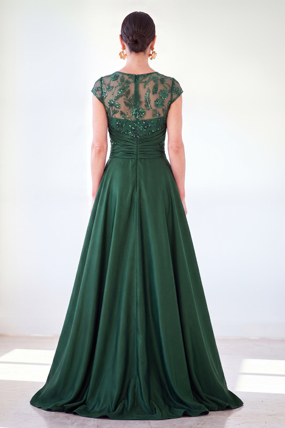 Sparkly Floral Golden Beaded Ruched Sheath Long Mother of the Bride Dress