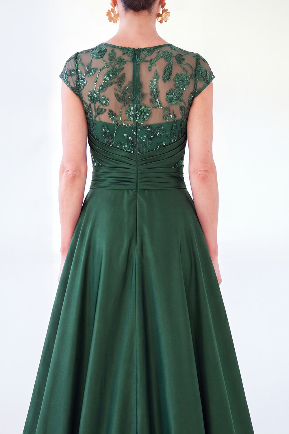 Sparkly Floral Golden Beaded Ruched Sheath Long Mother of the Bride Dress