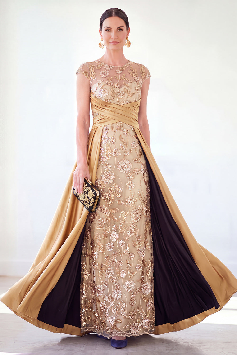 Sparkly Floral Golden Beaded Ruched Sheath Long Mother of the Bride Dress