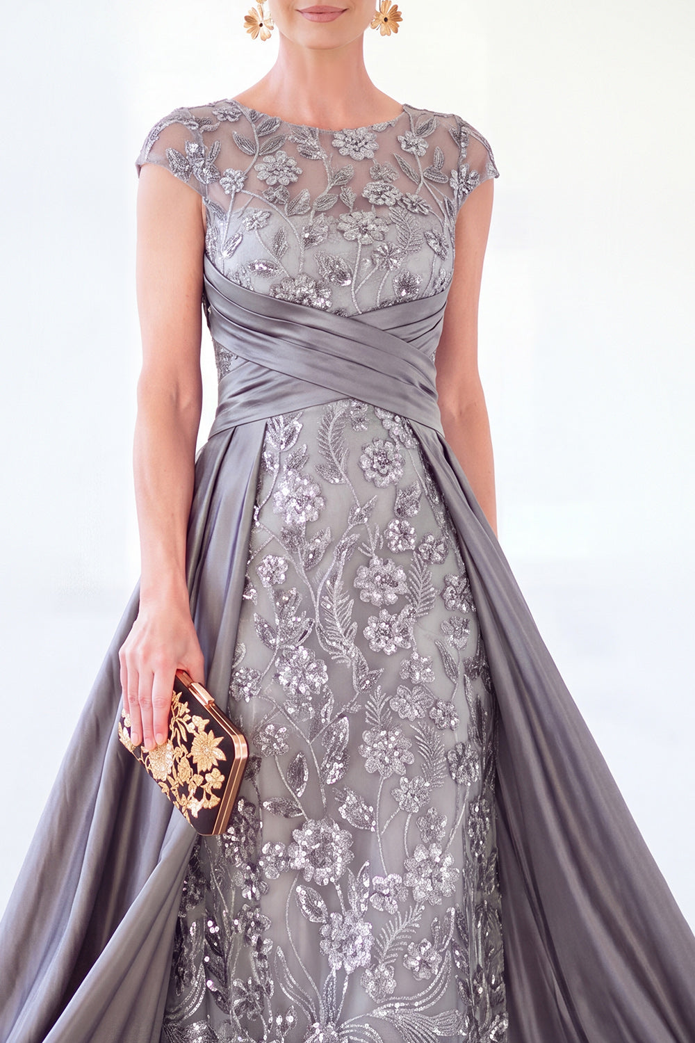 Sparkly Floral Golden Beaded Ruched Sheath Long Mother of the Bride Dress