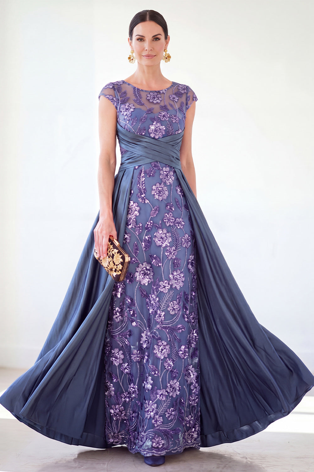 Sparkly Floral Golden Beaded Ruched Sheath Long Mother of the Bride Dress
