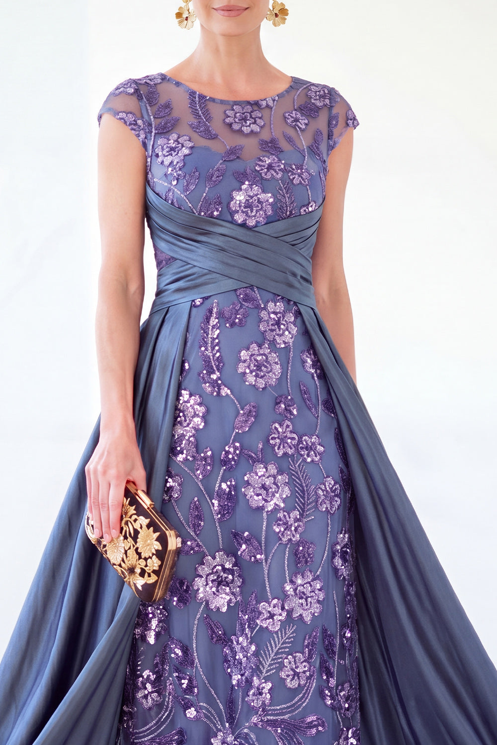 Sparkly Floral Golden Beaded Ruched Sheath Long Mother of the Bride Dress
