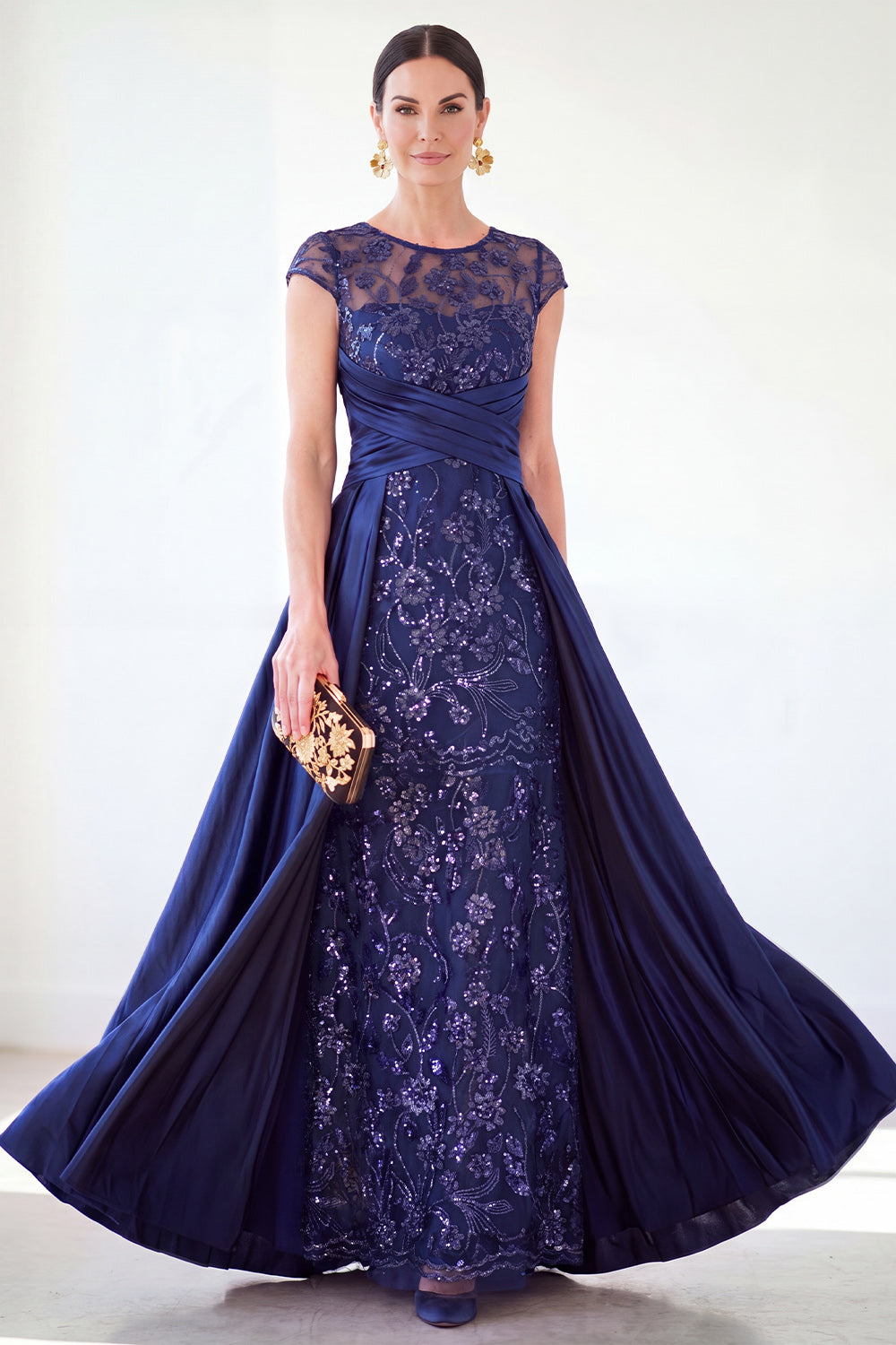 Sparkly Floral Golden Beaded Ruched Sheath Long Mother of the Bride Dress