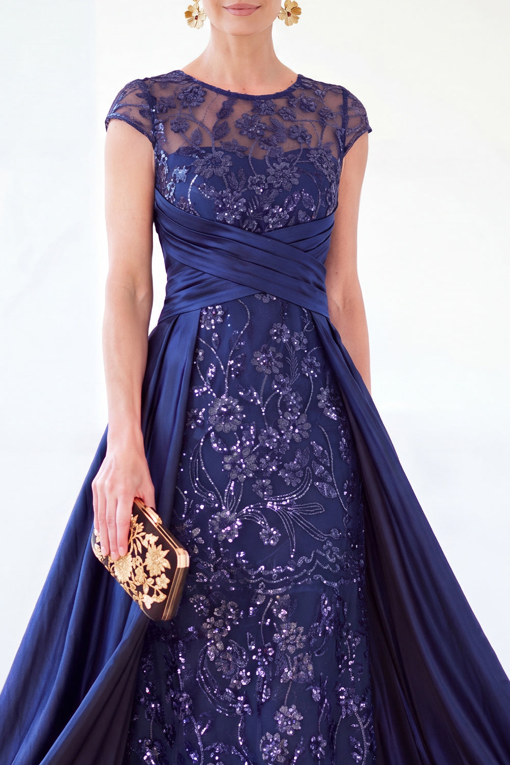 Sparkly Floral Golden Beaded Ruched Sheath Long Mother of the Bride Dress