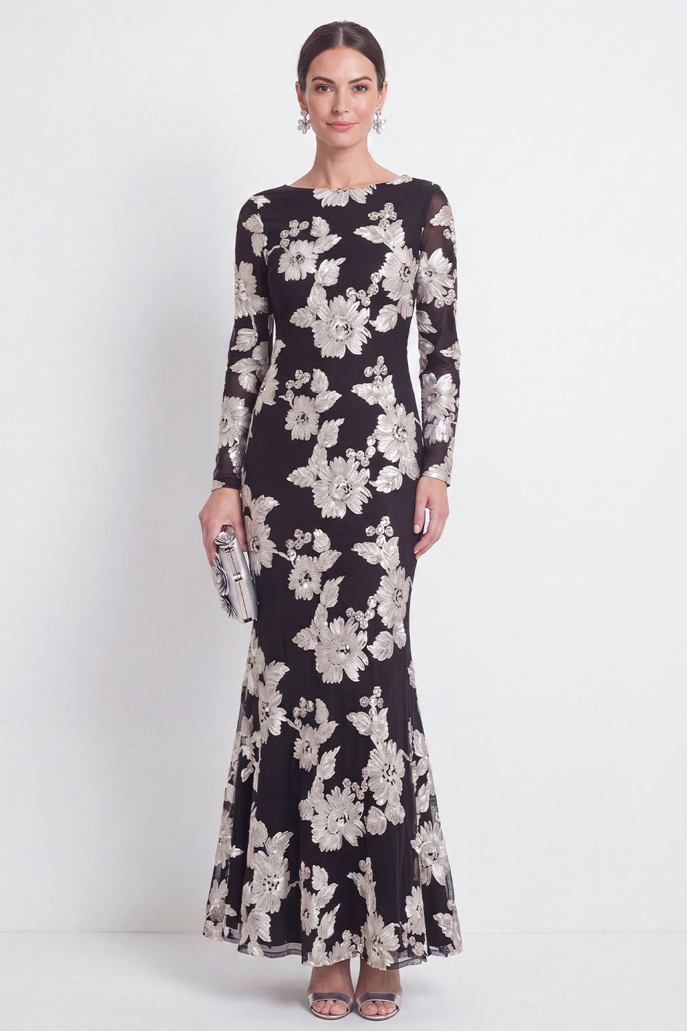 Floral Coffee Bateau Neck Mermaid Long Sleeves Mother of the Bride Dress