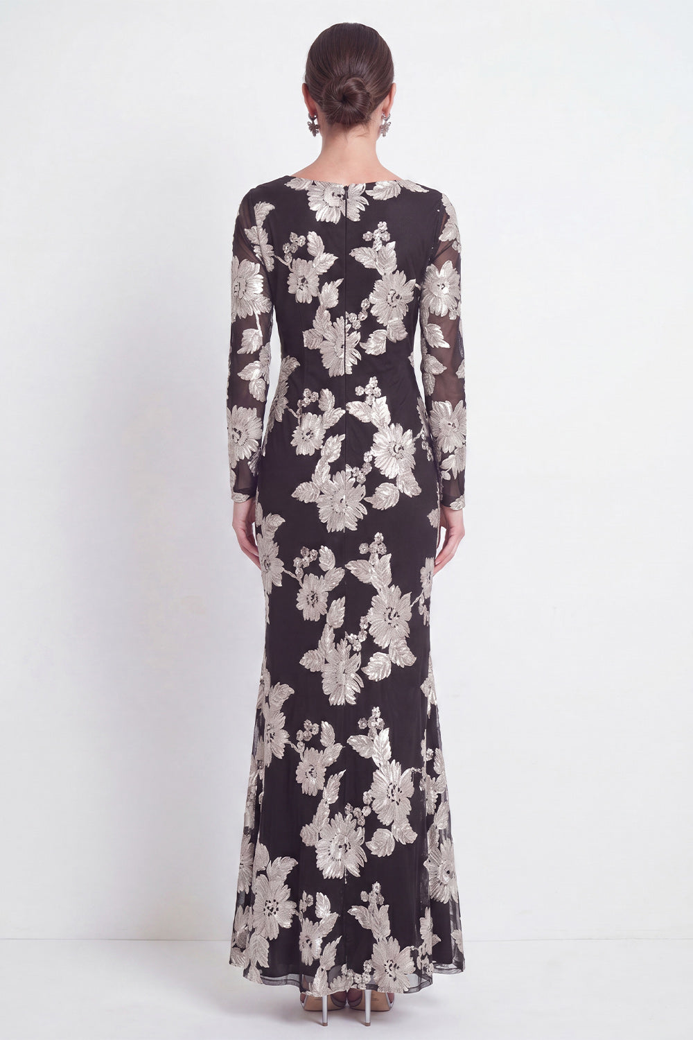 Floral Coffee Bateau Neck Mermaid Long Sleeves Mother of the Bride Dress