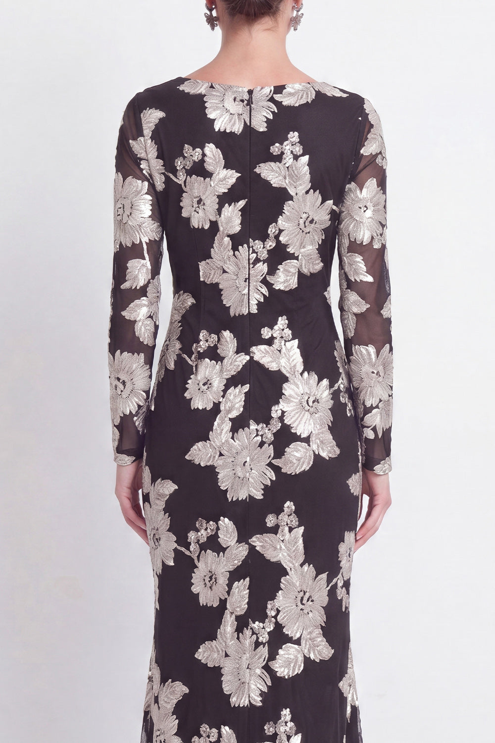 Floral Coffee Bateau Neck Mermaid Long Sleeves Mother of the Bride Dress
