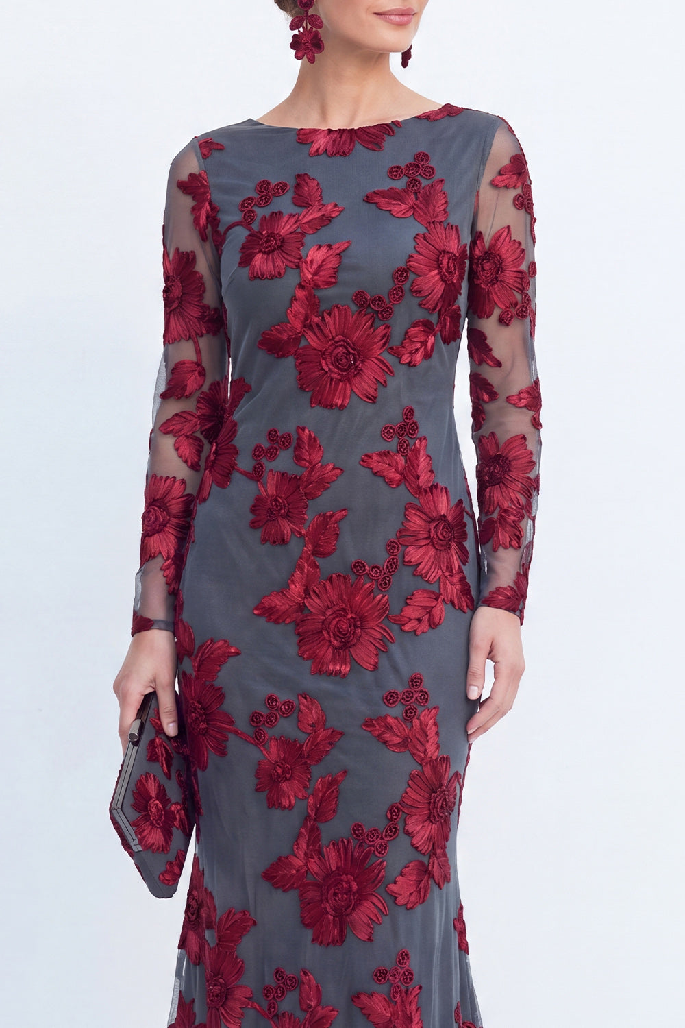 Floral Coffee Bateau Neck Mermaid Long Sleeves Mother of the Bride Dress