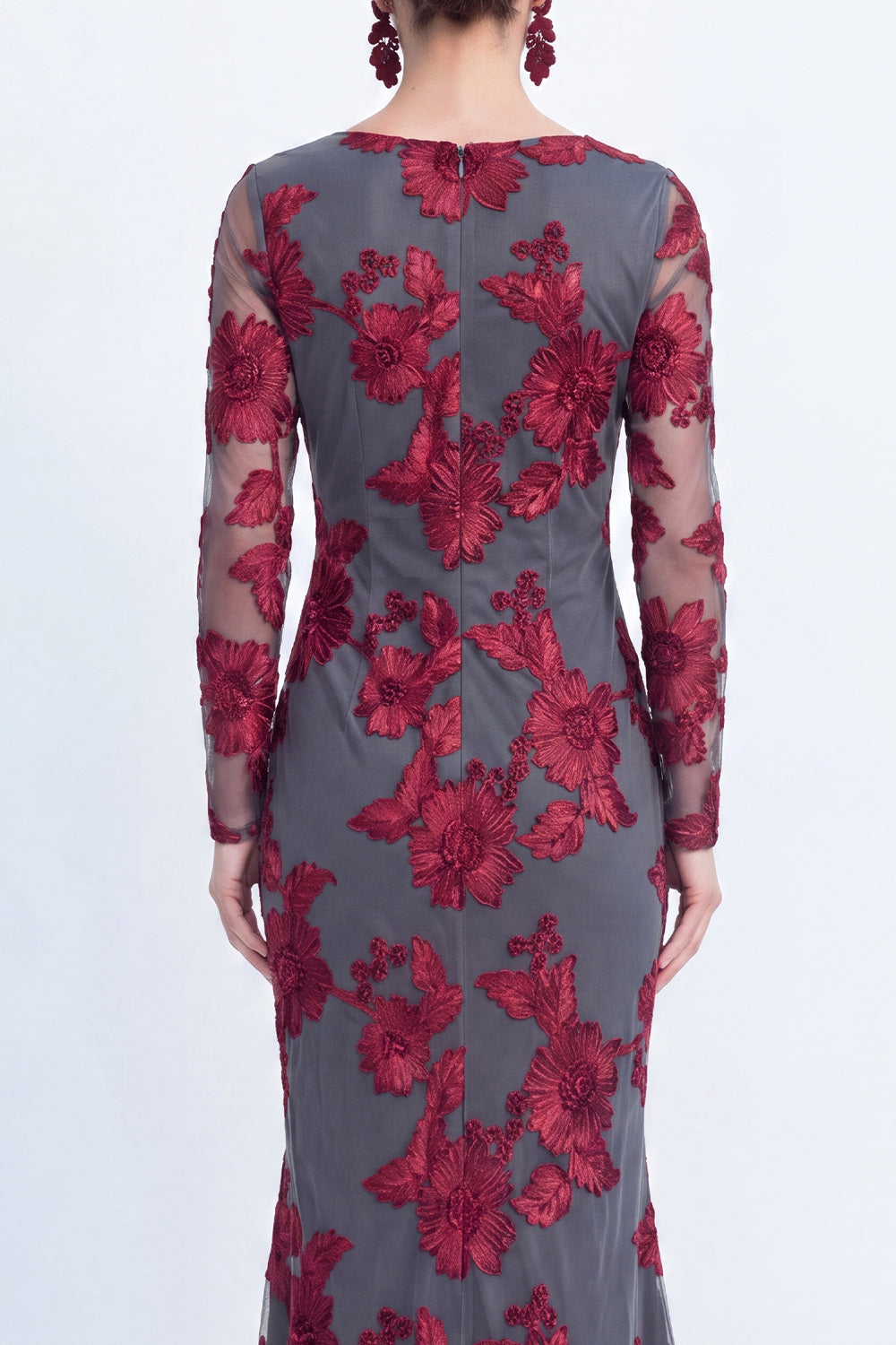 Floral Coffee Bateau Neck Mermaid Long Sleeves Mother of the Bride Dress