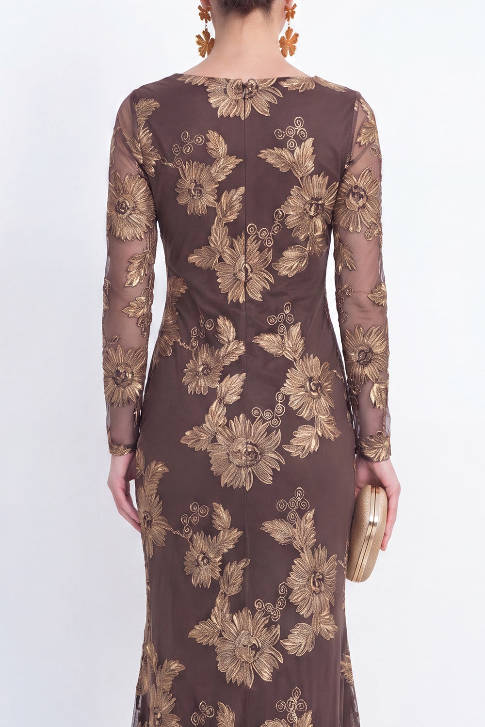 Floral Coffee Bateau Neck Mermaid Long Sleeves Mother of the Bride Dress