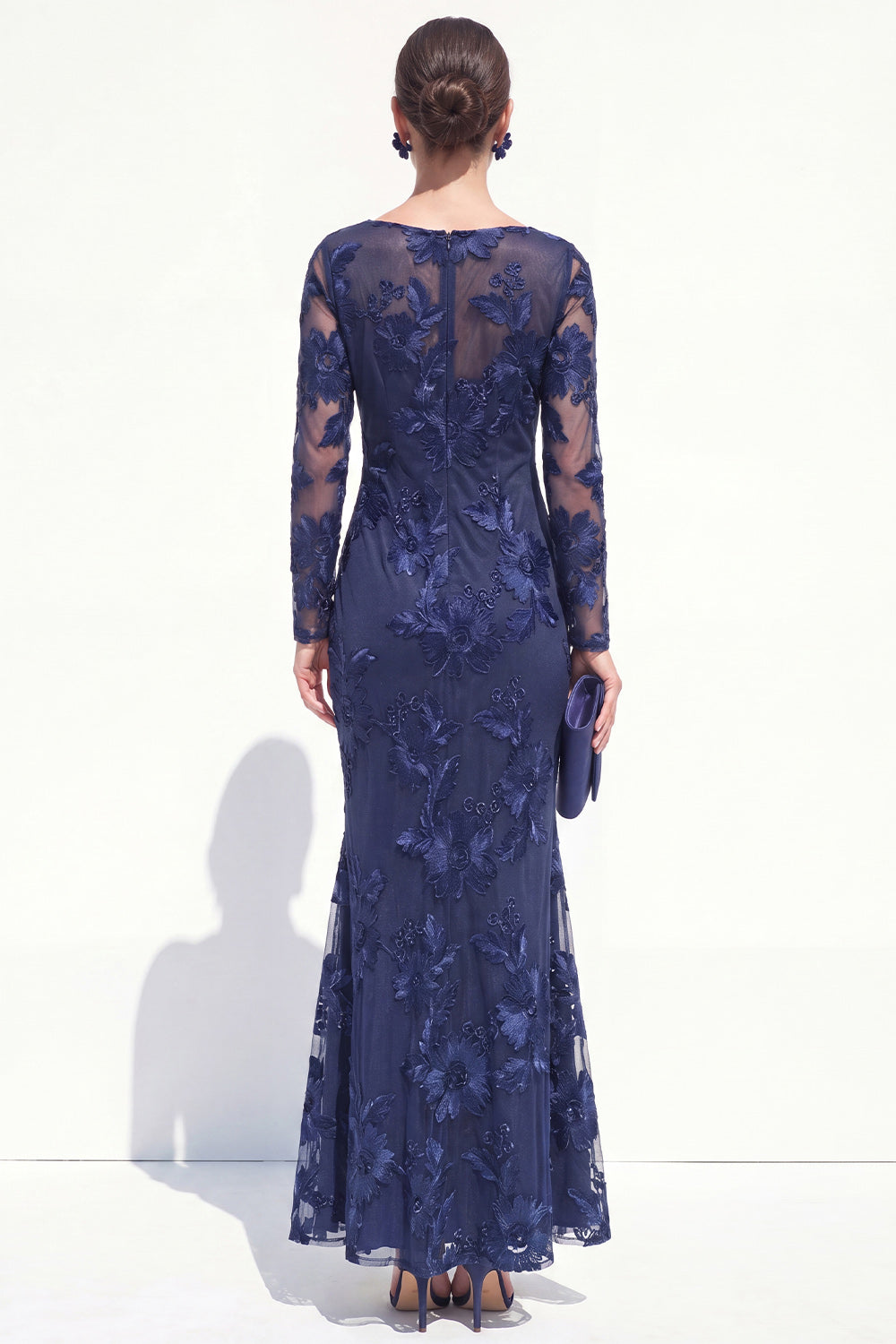 Floral Coffee Bateau Neck Mermaid Long Sleeves Mother of the Bride Dress