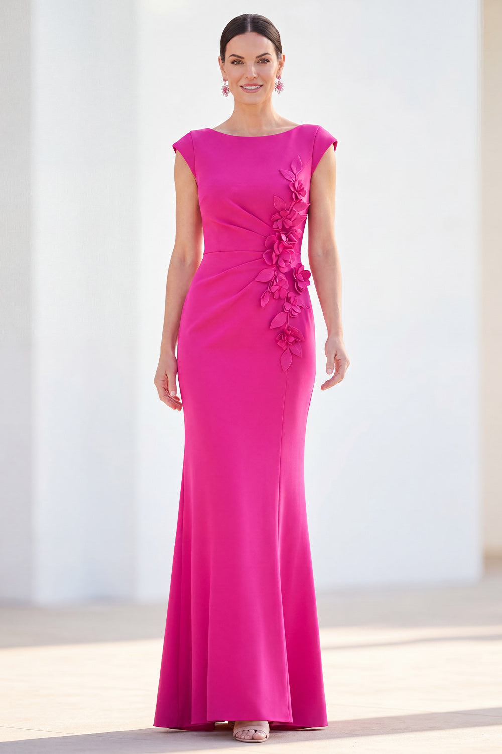 Purple Ruched Boat Neck Floral Mermaid Long Mother of the Bride Dress