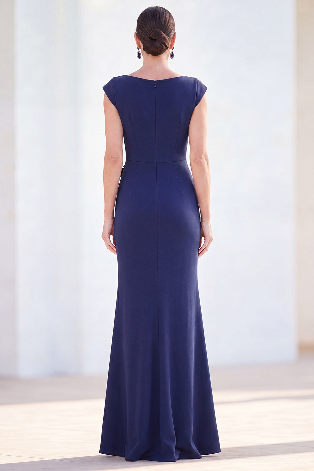 Purple Ruched Boat Neck Floral Mermaid Long Mother of the Bride Dress