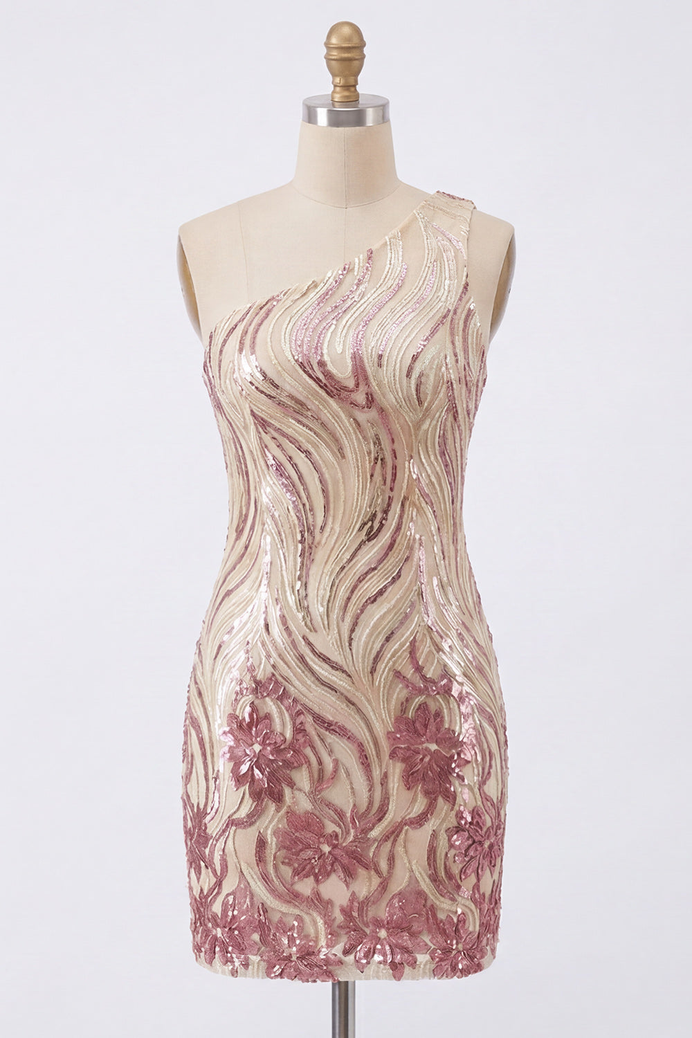 Sparkly Gold and Pink Floral Sequin Tight Short Homecoming Dress