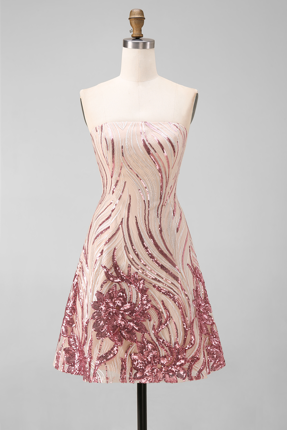 Sparkly Gold and Pink Floral Strapless Sequin Short Homecoming Dress