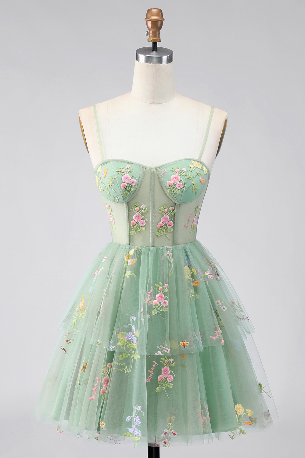 Dusty Sage Floral A Line Short Corset Homecoming Dress with Ruffles