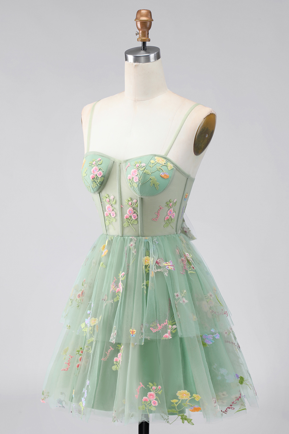 Dusty Sage Floral A Line Short Corset Homecoming Dress with Ruffles