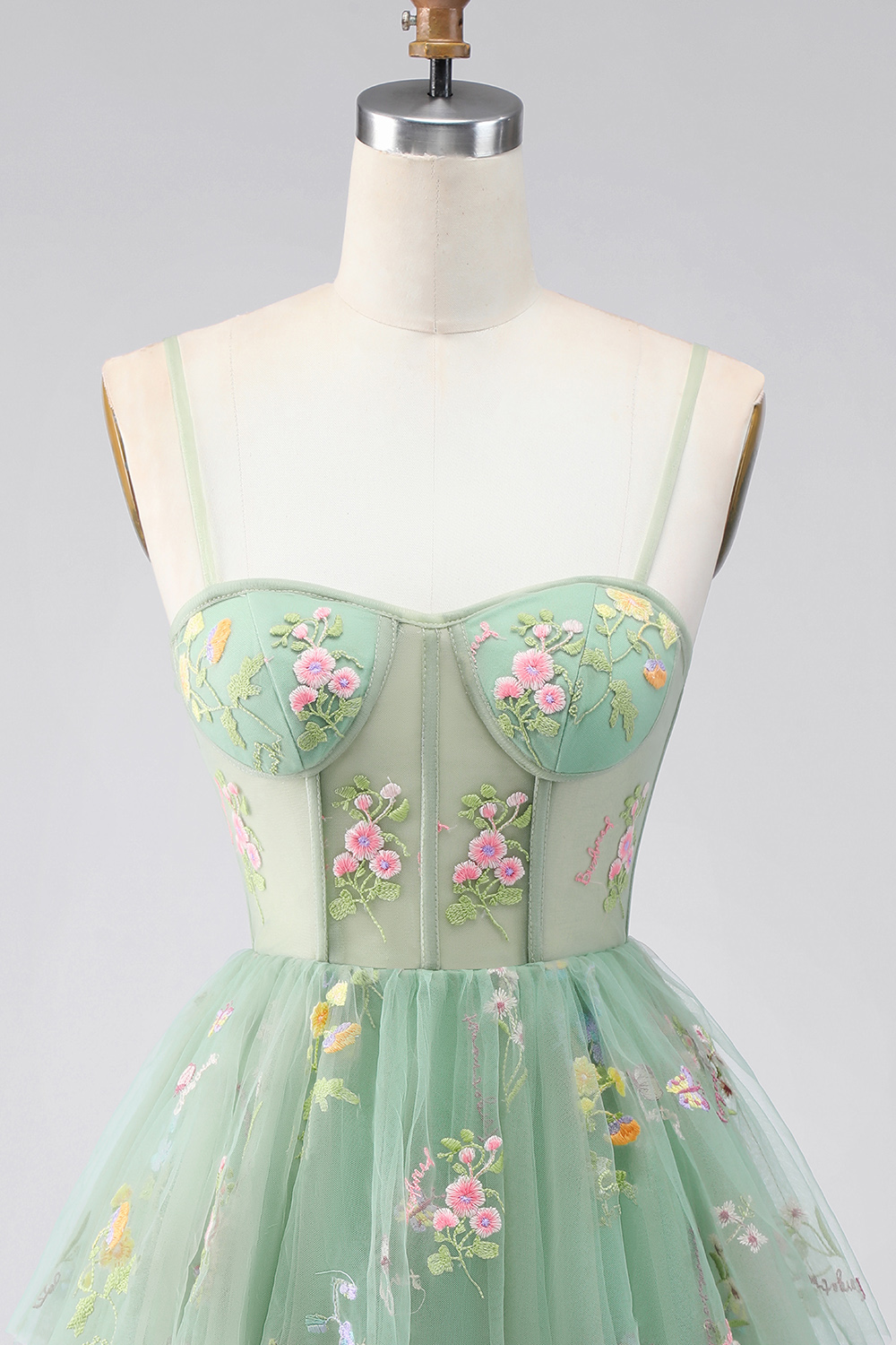 Dusty Sage Floral A Line Short Corset Homecoming Dress with Ruffles