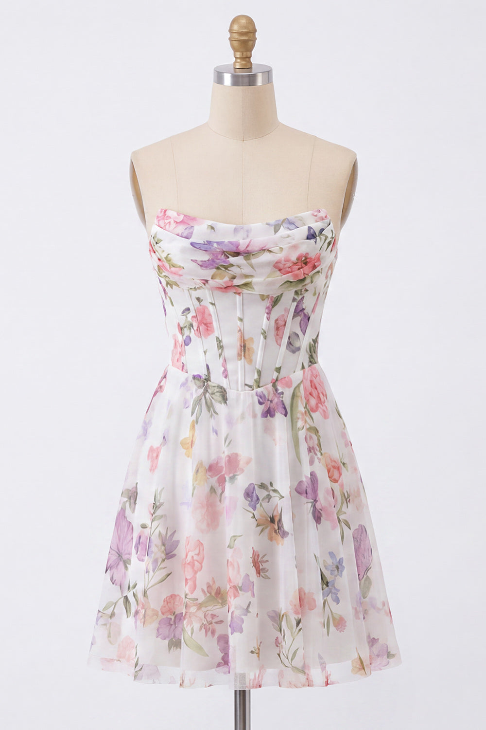Ivory Floral Strapless A Line Corset Short Homecoming Dress