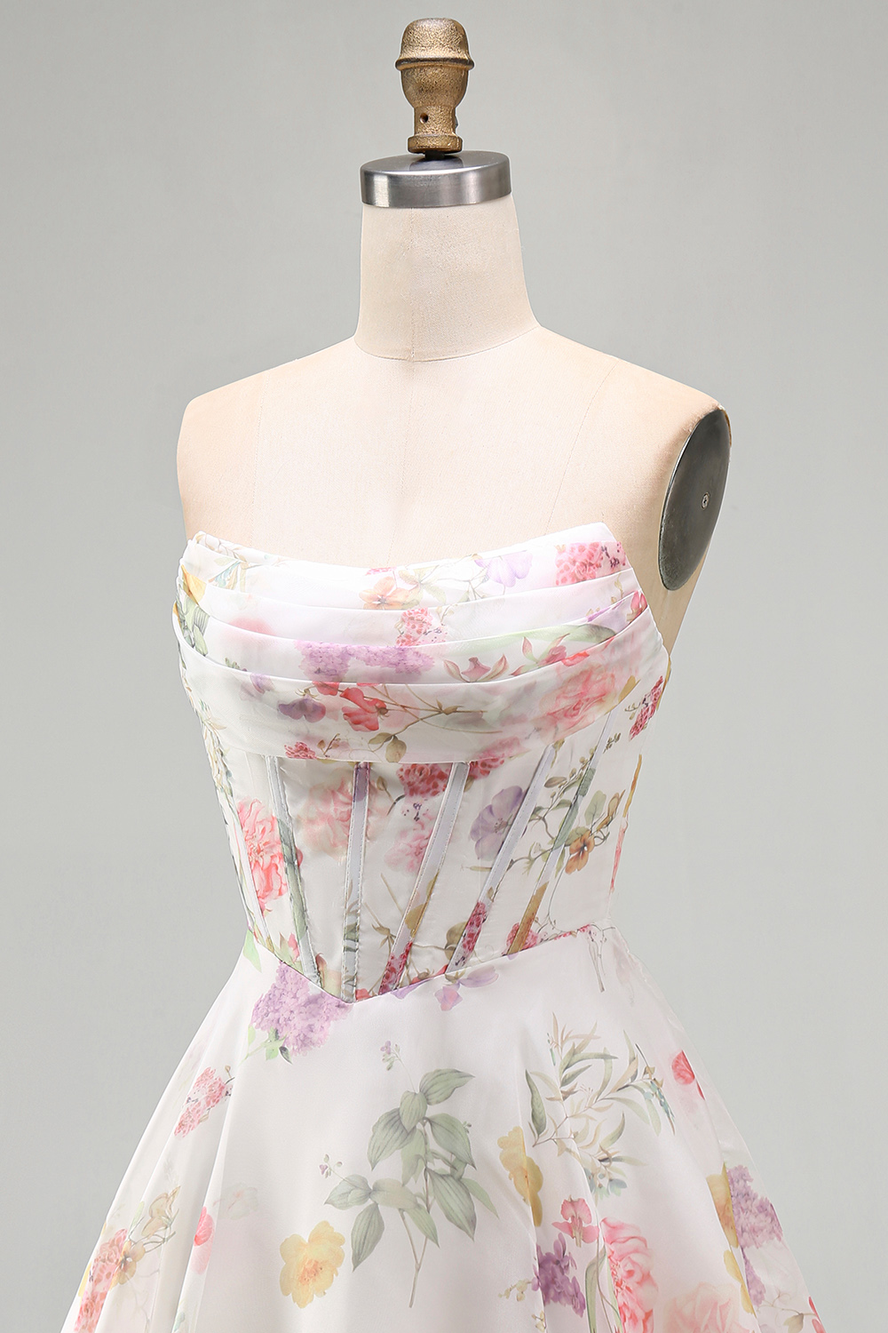 Ivory Floral Strapless A Line Corset Short Homecoming Dress