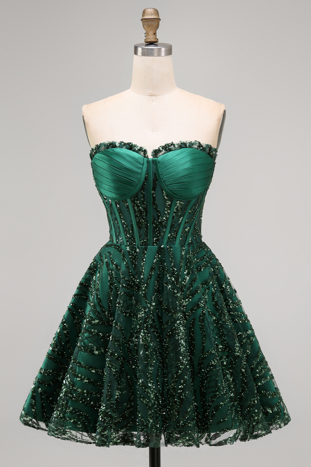 Sparkly Dark Green Corset Strapless A Line Short Homecoming Dress