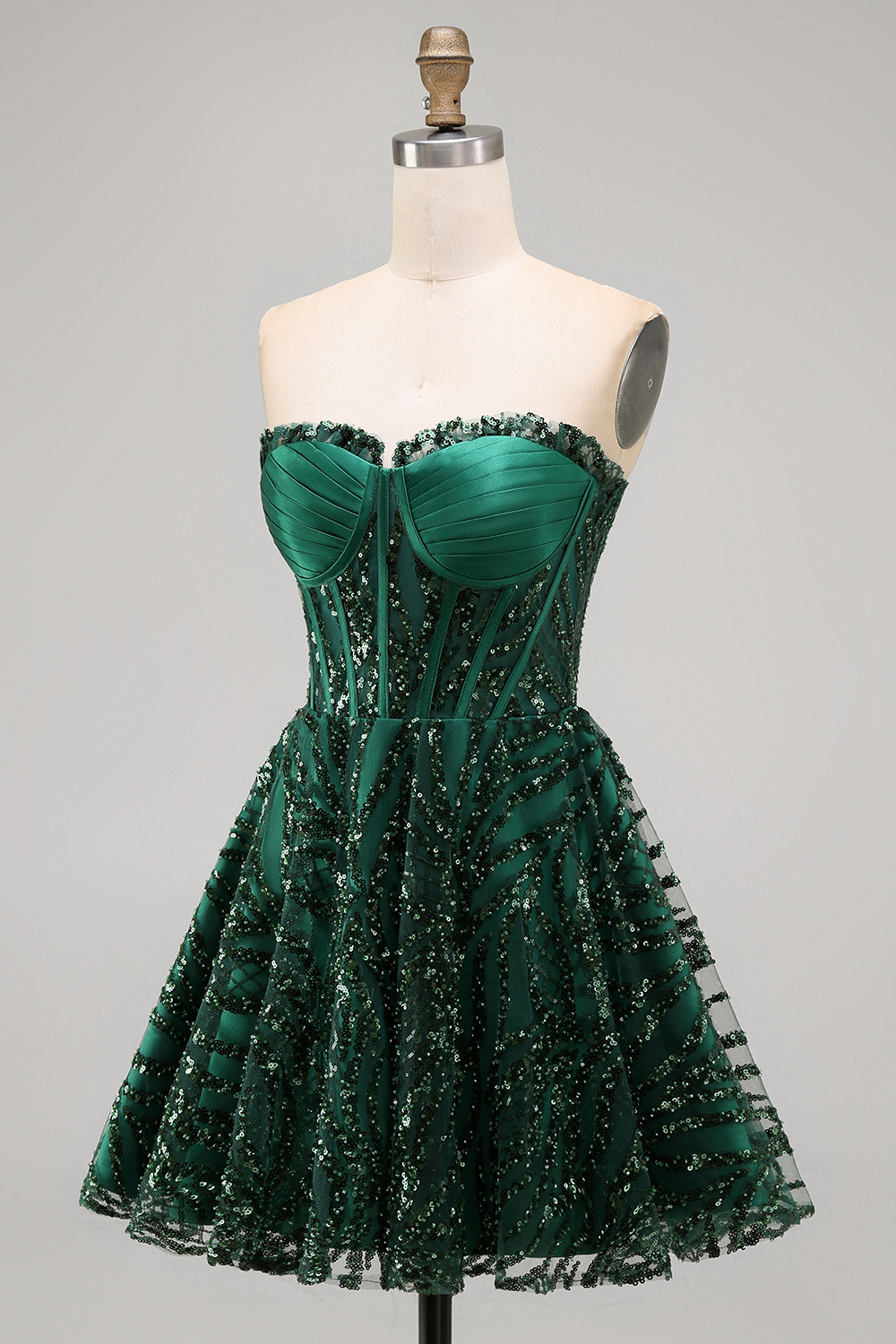 Sparkly Dark Green Corset Strapless A Line Short Homecoming Dress