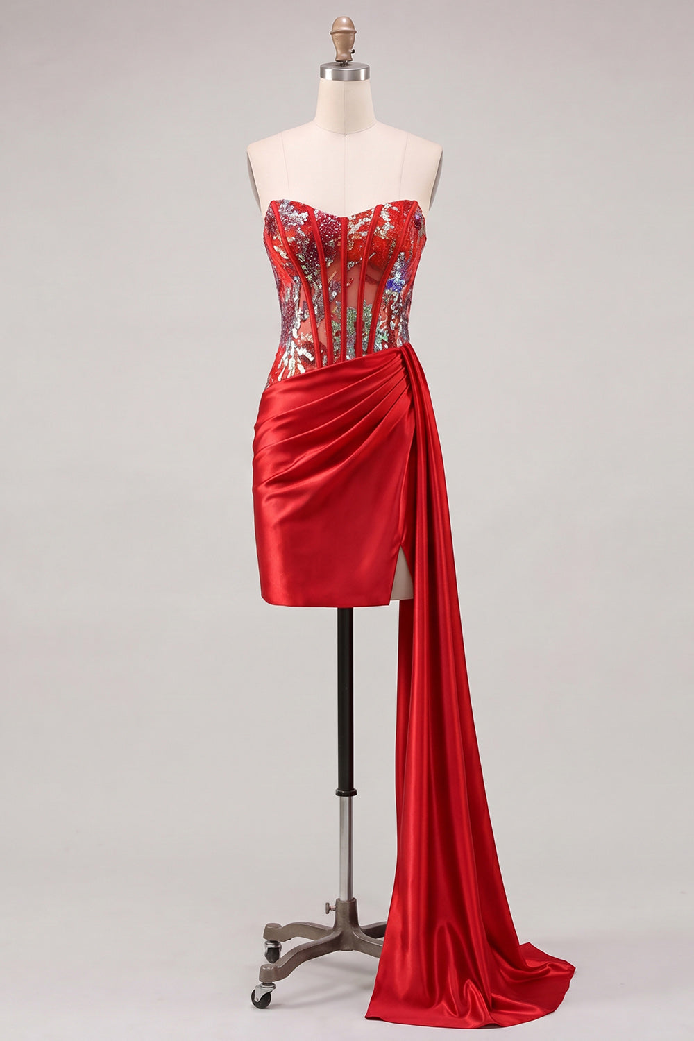 Sparkly Red Ruched Tight Short Corset Homecoming Dress with Side Cape