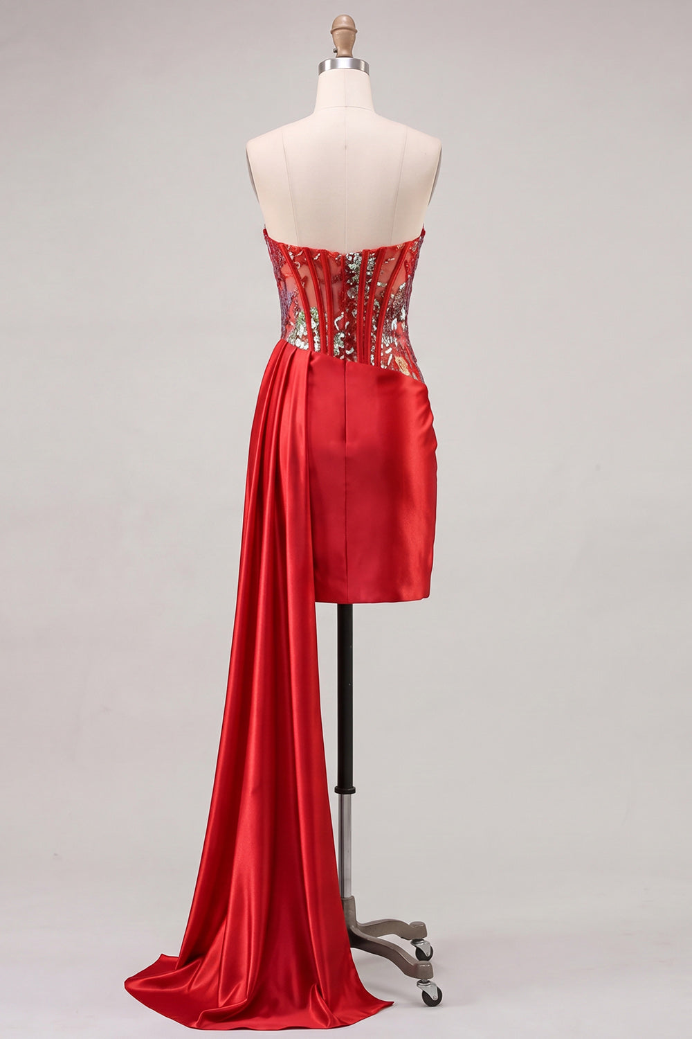 Sparkly Red Ruched Tight Short Corset Homecoming Dress with Side Cape