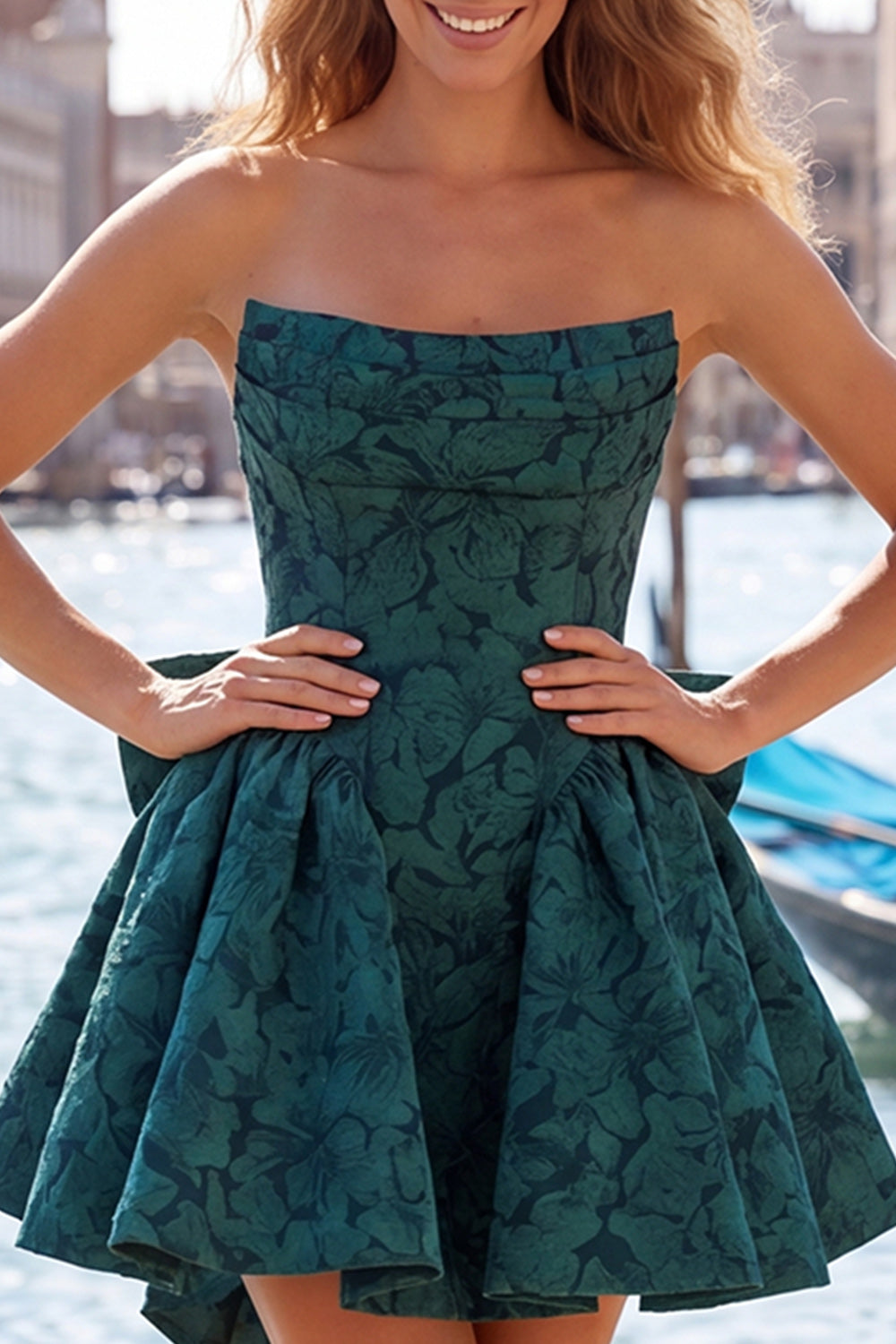 Blue Jacquard A-Line Strapless Short Homecoming Dress with Bow