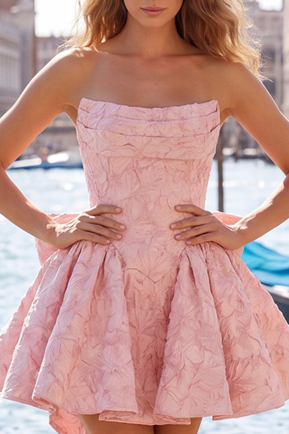 Blue Jacquard A-Line Strapless Short Homecoming Dress with Bow