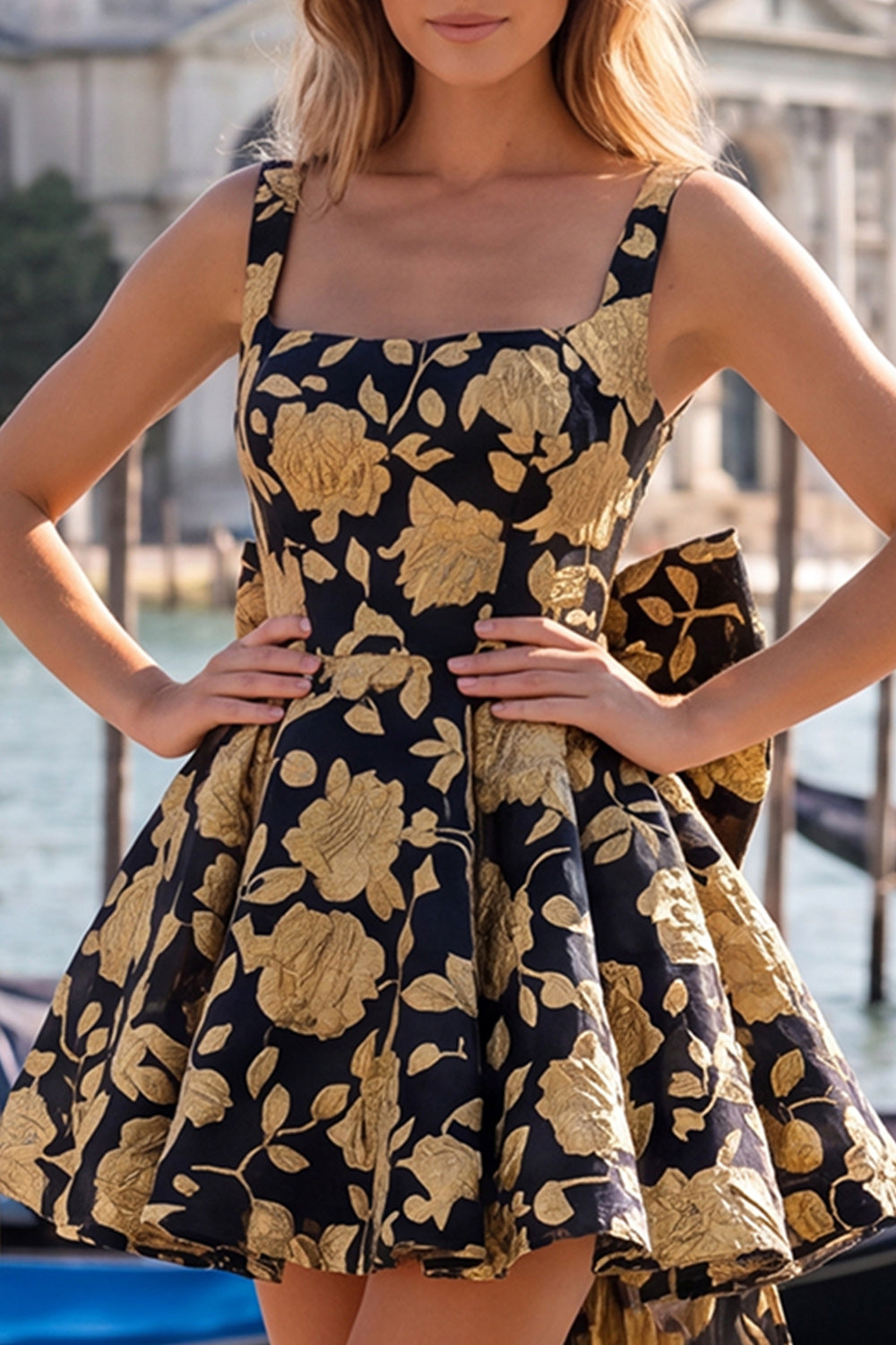 Floral Blue and Black A-Line Short Homecoming Dress with Bow