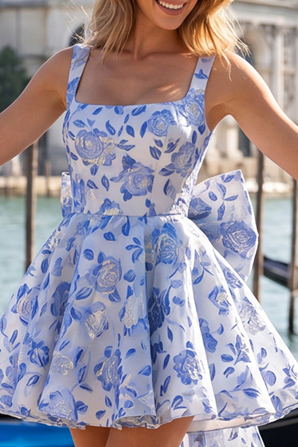 Floral Blue and Black A-Line Short Homecoming Dress with Bow