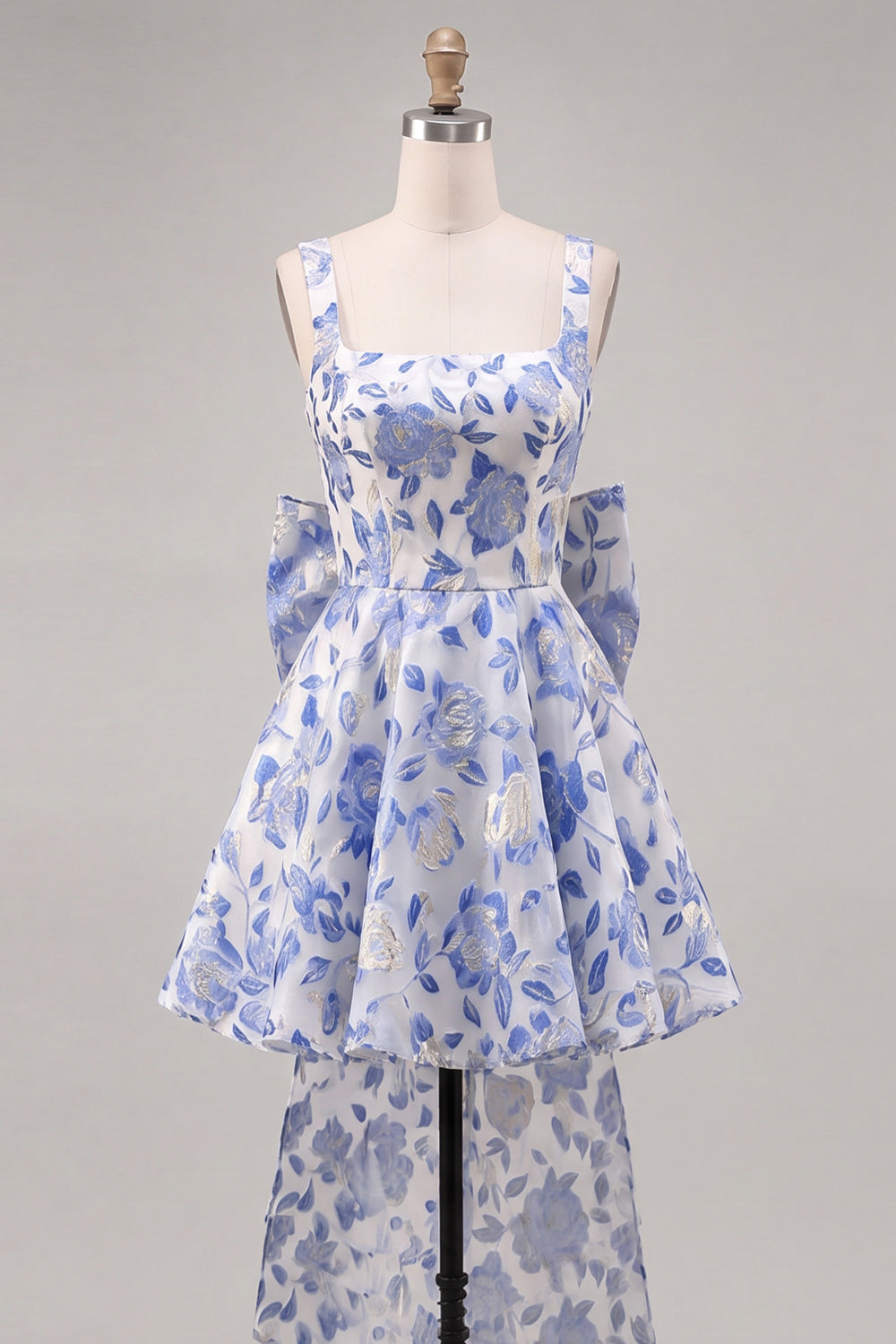 Floral Blue and Black A-Line Short Homecoming Dress with Bow