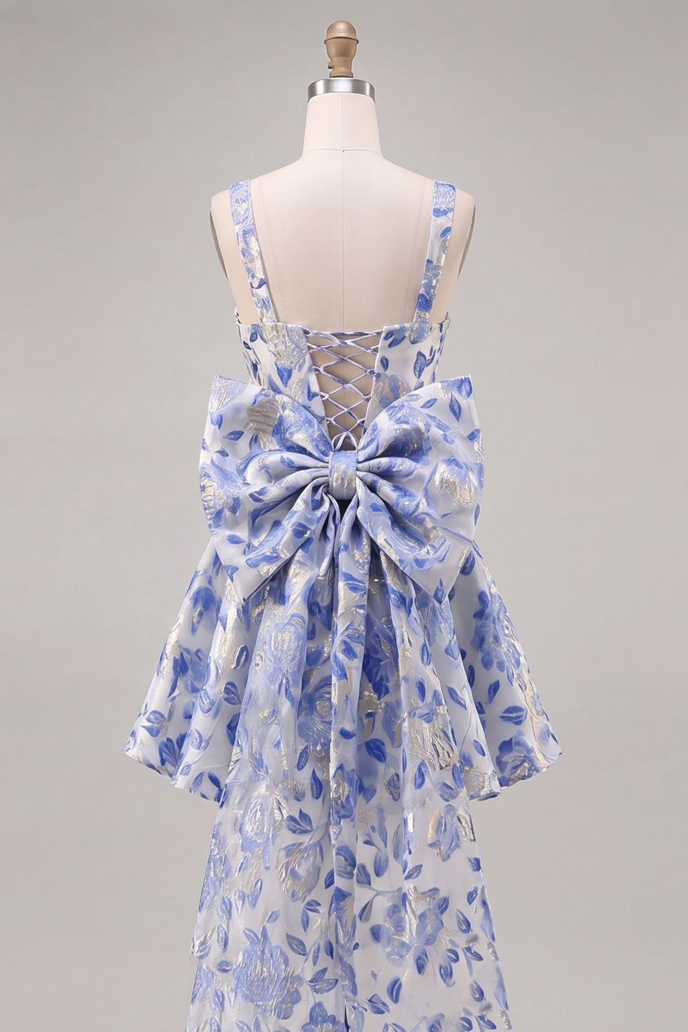 Floral Blue and Black A-Line Short Homecoming Dress with Bow