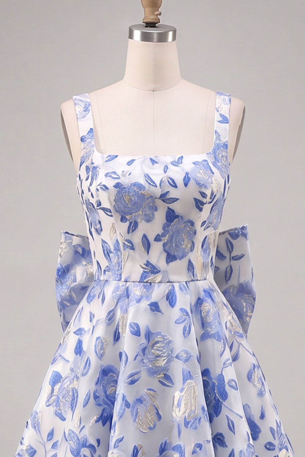 Floral Blue and Black A-Line Short Homecoming Dress with Bow