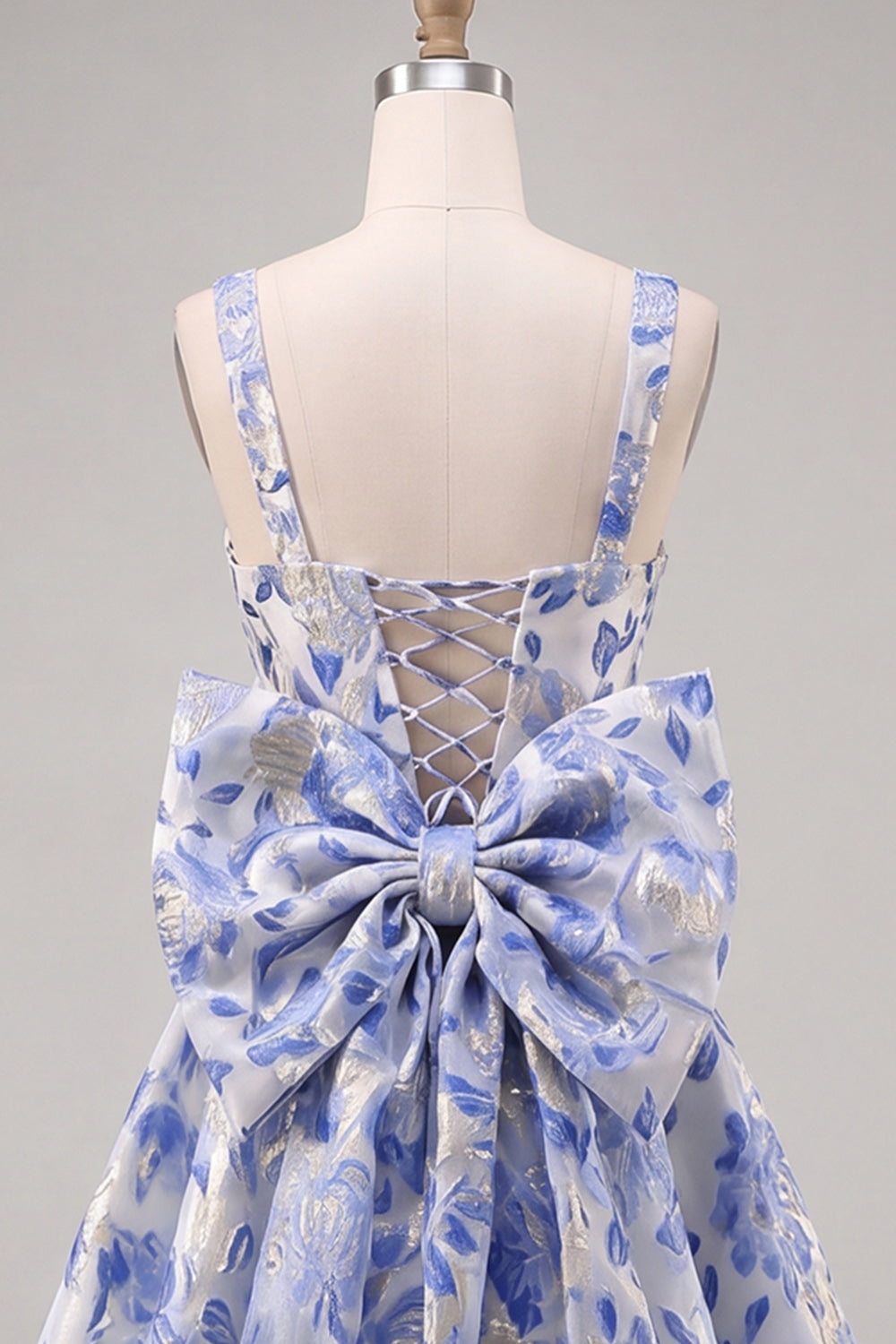 Floral Blue and Black A-Line Short Homecoming Dress with Bow