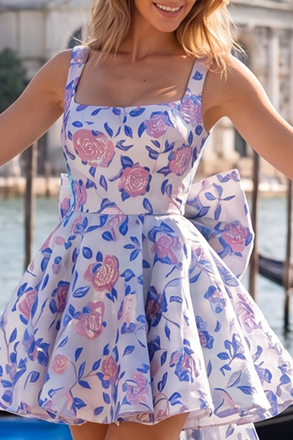 Floral Blue and Black A-Line Short Homecoming Dress with Bow