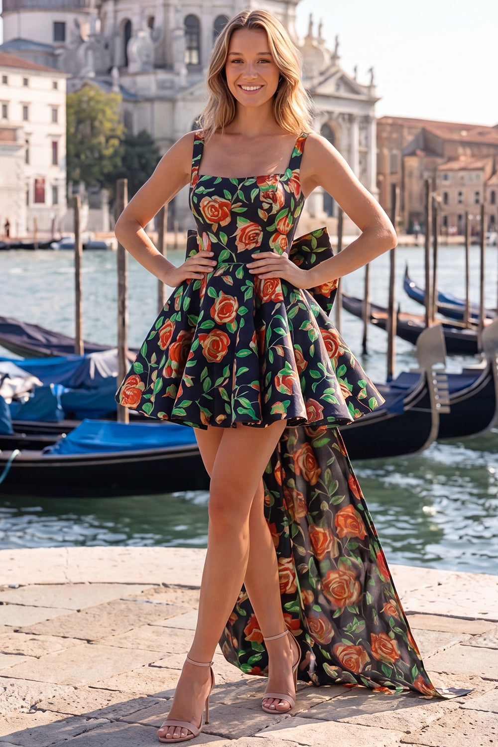 Floral Blue and Black A-Line Short Homecoming Dress with Bow